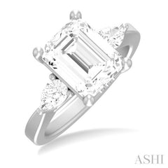 1/2 ctw Tri-Mount Emerald Shape Center Pear and Round Cut Diamond Semi Mount Engagement Ring in 14K White Gold