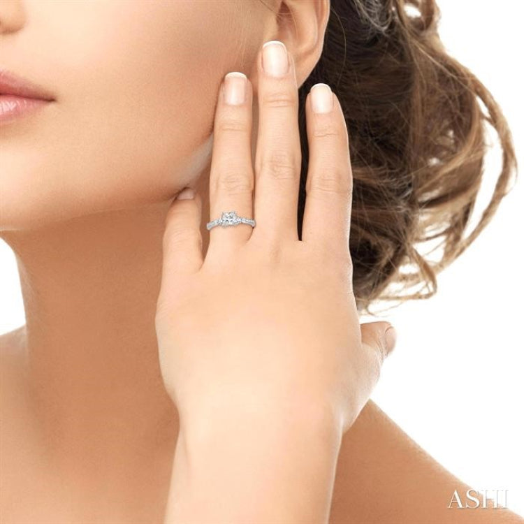 3/8 ctw Round and Baguette Cut Diamond Princess Shape Semi-mount Engagement Ring in 14K White Gold