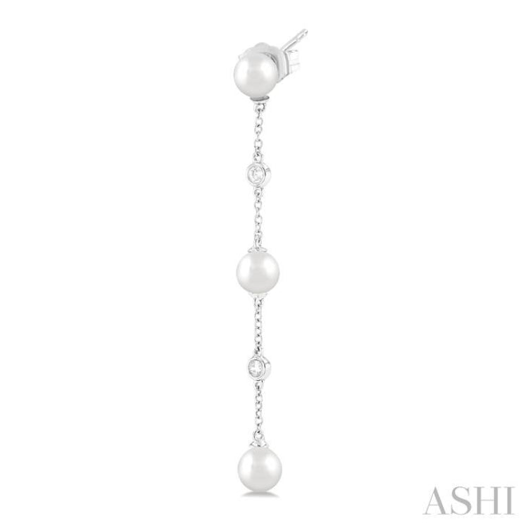 5 MM Round Shape Cultured Pearl and 1/10 Ctw Round Cut Diamond Station Long Earring in 14K White Gold