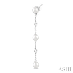 5 MM Round Shape Cultured Pearl and 1/10 ctw Round Cut Diamond Station Long Earring in 14K White Gold
