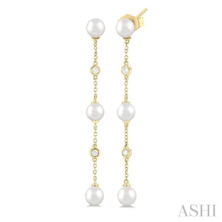 5 MM Round Shape Cultured Pearls and 1/10 ctw Round Cut Diamond Station Long Earring in 14K Yellow Gold