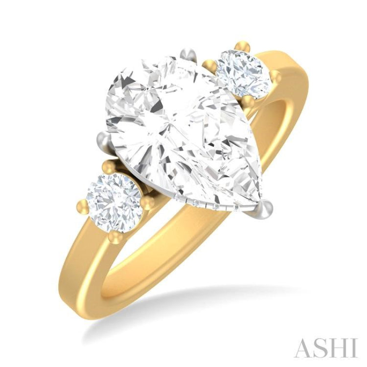 1/2 ctw Tri-Mount Pear Shape Round Cut Diamond Semi Mount Engagement Ring in 14K Yellow and White Gold