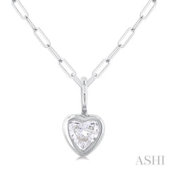 1/5 ctw Heart Shape Bezel Set Diamond Fashion Pendant With Paperclip Chain in 14K White Gold