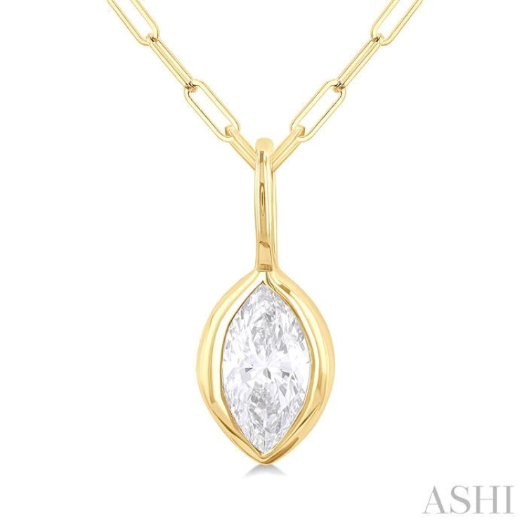1/5 ctw Marquise Cut Bezel Set Diamond Fashion Pendant With Paperclip Chain in 14K Yellow Gold