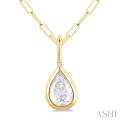 1/5 ctw Pear Cut Bezel Set Diamond Fashion Pendant With Paperclip Chain in 14K yellow Gold