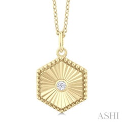 1/20 ctw Hexagon fluted medallion Round Cut Diamond Pendant With Chain in 14K Yellow Gold