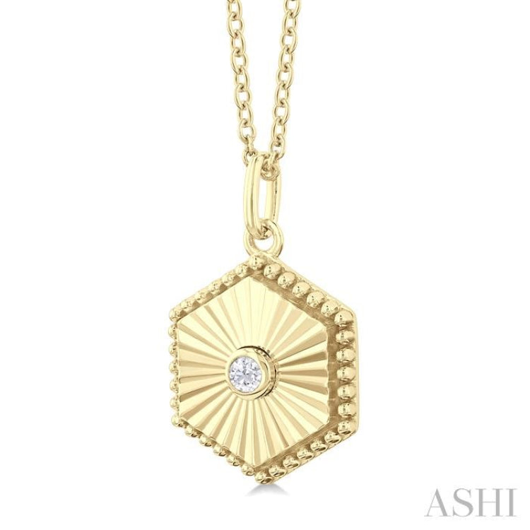 1/20 ctw Hexagon fluted medallion Round Cut Diamond Pendant With Chain in 14K Yellow Gold