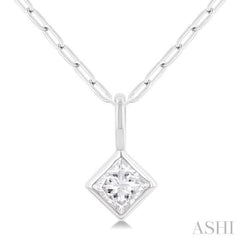 1/5 ctw Princess Cut Bezel Set Diamond Fashion Pendant with Paperclip Chain in 14K White Gold