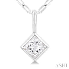 1/5 ctw Princess Cut Bezel Set Diamond Fashion Pendant with Paperclip Chain in 14K White Gold