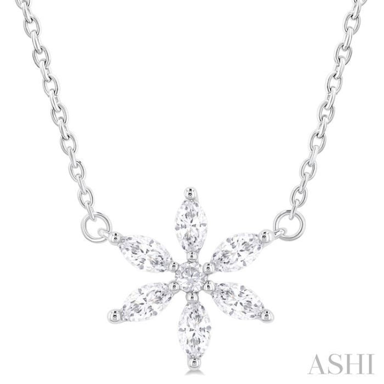 1/3 ctw Floral Motif Marquise and Round Cut Diamond Fashion Pendant With Chain in 14K White Gold