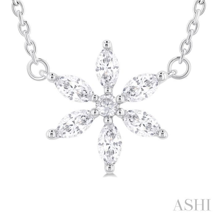 1/3 ctw Floral Motif Marquise and Round Cut Diamond Fashion Pendant With Chain in 14K White Gold
