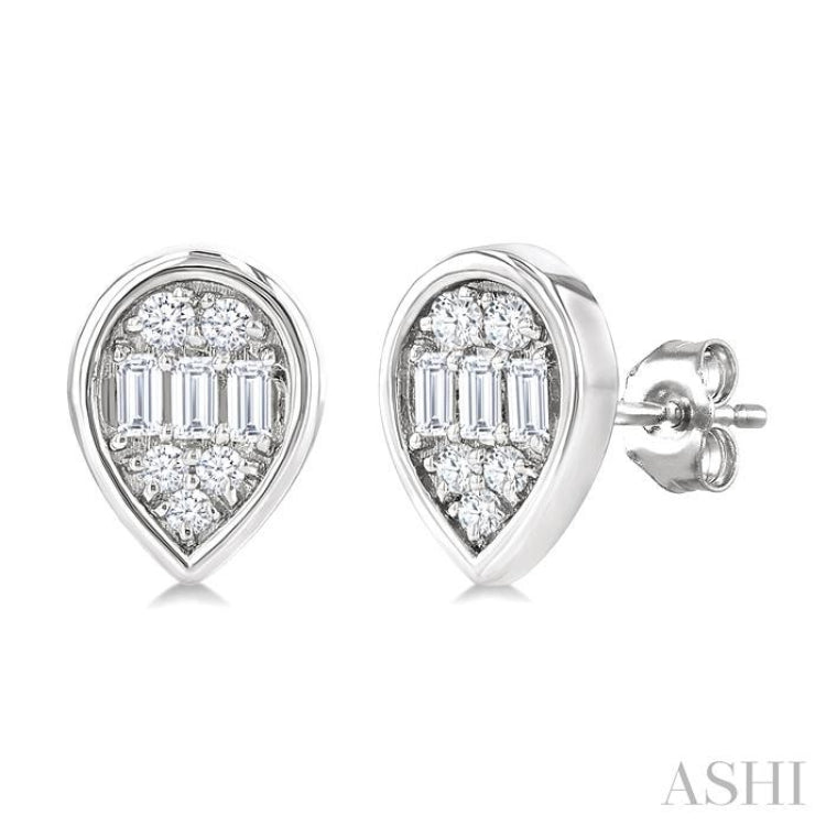 1/5 ctw Petite Bezel Set Pear Shape Fusion Baguette and Round Cut Diamond Fashion Stud Earring in 10K White Gold