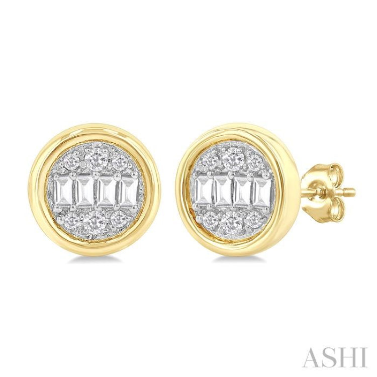 1/5 ctw Petite Bezel Set Round Shape Fusion Baguette and Round Cut Diamond Fashion Stud Earring in 10K Yellow Gold