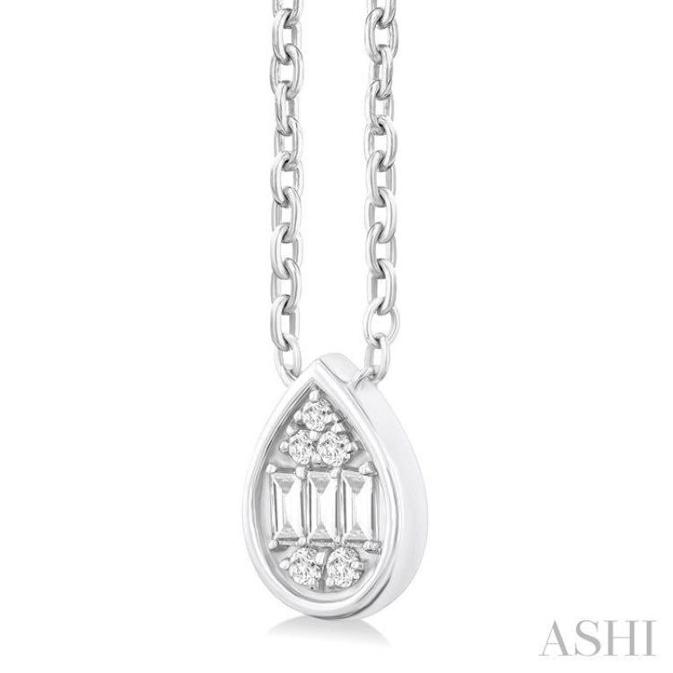 1/6 ctw Petite Bezel Set Pear Shape Fusion Baguette and Round Cut Diamond Fashion Pendant With Chain in 10K White Gold