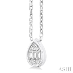 1/6 ctw Petite Bezel Set Pear Shape Fusion Baguette and Round Cut Diamond Fashion Pendant With Chain in 10K White Gold