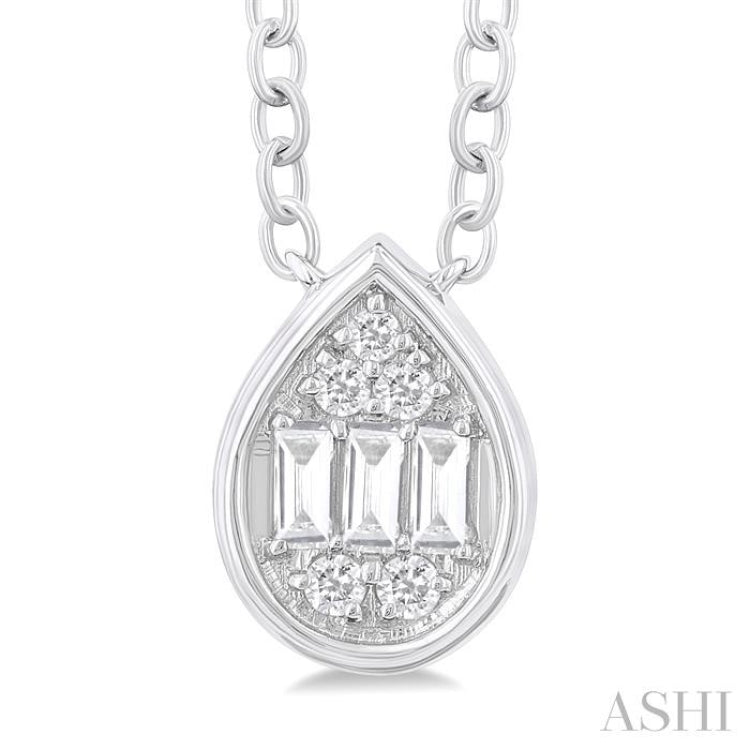 1/6 ctw Petite Bezel Set Pear Shape Fusion Baguette and Round Cut Diamond Fashion Pendant With Chain in 10K White Gold