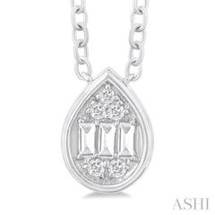 1/6 ctw Petite Bezel Set Pear Shape Fusion Baguette and Round Cut Diamond Fashion Pendant With Chain in 10K White Gold