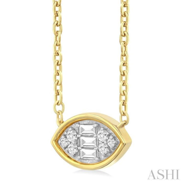 1/6 ctw Petite Bezel Set East-West Marquise Shape Fusion Baguette and Round Cut Diamond Fashion Pendant With Chain in 10K Yellow Gold