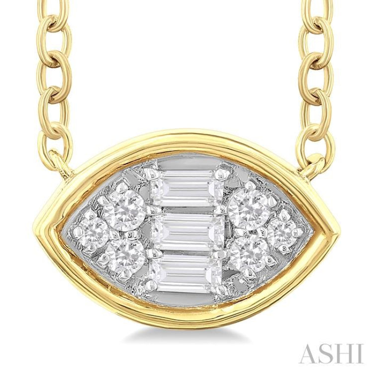 1/6 ctw Petite Bezel Set East-West Marquise Shape Fusion Baguette and Round Cut Diamond Fashion Pendant With Chain in 10K Yellow Gold