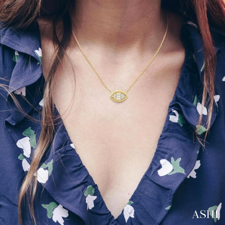 1/6 ctw Petite Bezel Set East-West Marquise Shape Fusion Baguette and Round Cut Diamond Fashion Pendant With Chain in 10K Yellow Gold