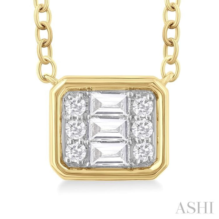 1/6 ctw Petite Bezel Set East-West Emerald Shape Fusion Baguette and Round Cut Diamond Fashion Pendant With Chain in 10K Yellow Gold