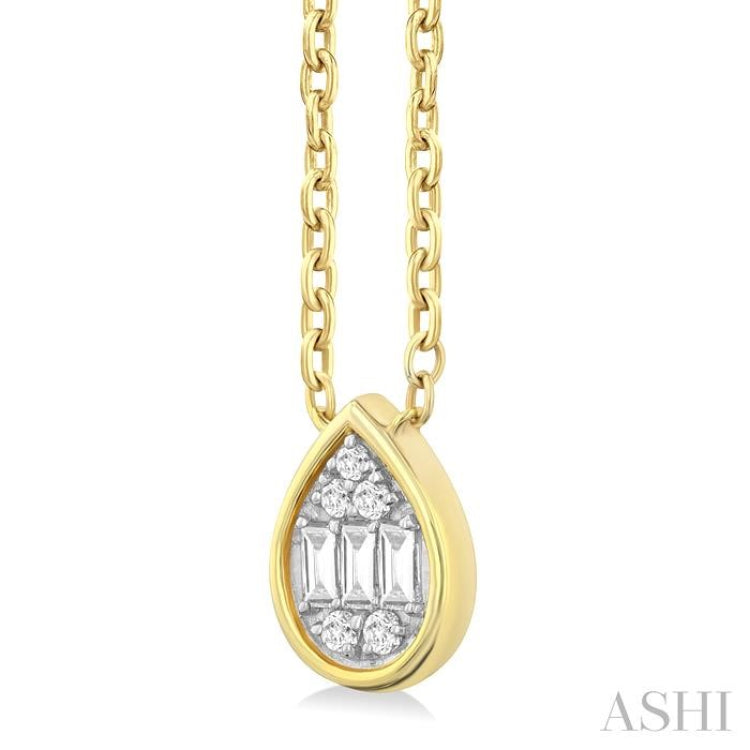 1/6 ctw Petite Bezel Set Pear Shape Fusion Baguette and Round Cut Diamond Fashion Pendant With Chain in 10K Yellow Gold