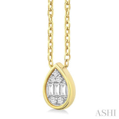 1/6 ctw Petite Bezel Set Pear Shape Fusion Baguette and Round Cut Diamond Fashion Pendant With Chain in 10K Yellow Gold