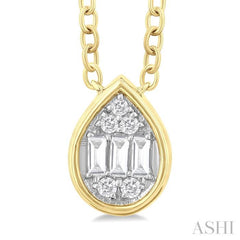1/6 ctw Petite Bezel Set Pear Shape Fusion Baguette and Round Cut Diamond Fashion Pendant With Chain in 10K Yellow Gold