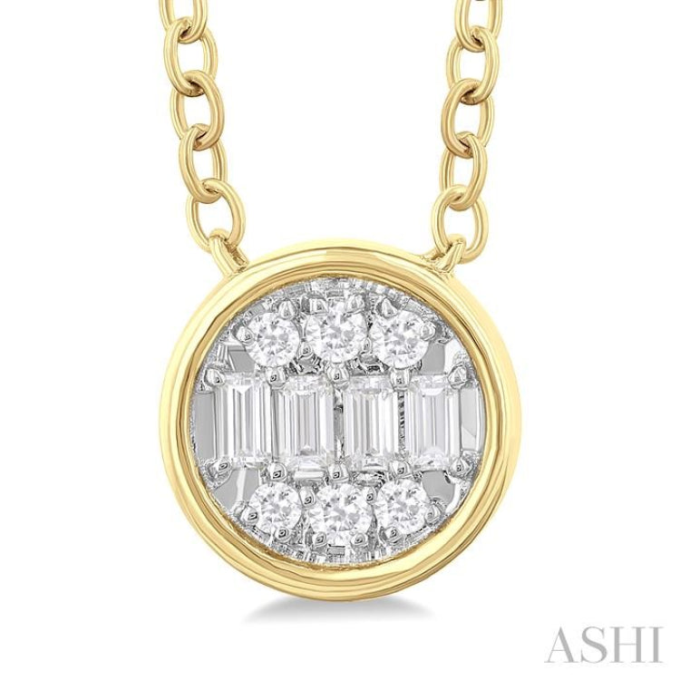 1/6 ctw Petite Bezel Set Round Shape Fusion Baguette and Round Cut Diamond Fashion Pendant With Chain in 10K Yellow Gold