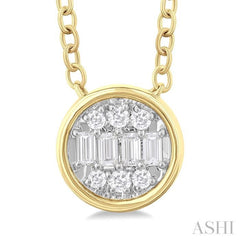 1/6 ctw Petite Bezel Set Round Shape Fusion Baguette and Round Cut Diamond Fashion Pendant With Chain in 10K Yellow Gold