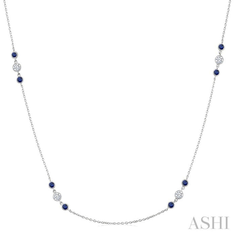 2.25 MM Sapphire and 1/2 Ctw Round Cut Diamond Precious Station Necklace in 14K White Gold