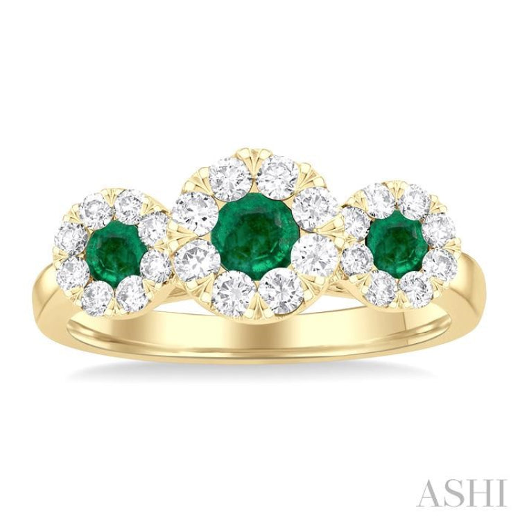 3.8 MM & 3 MM Emerald and 5/8 Ctw Round Cut Diamond Precious Lovebright Past Present and Future Ring in 14K Yellow Gold