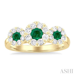 3.8 MM & 3 MM Emerald and 5/8 Ctw Round Cut Diamond Precious Lovebright Past Present and Future Ring in 14K Yellow Gold