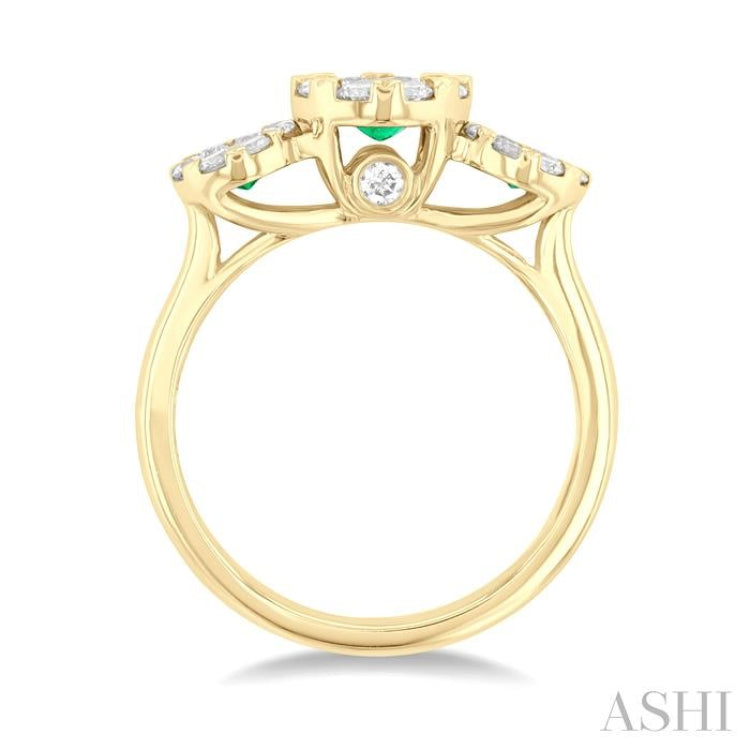 3.8 MM & 3 MM Emerald and 5/8 Ctw Round Cut Diamond Precious Lovebright Past Present and Future Ring in 14K Yellow Gold