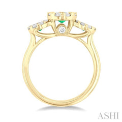 3.8 MM & 3 MM Emerald and 5/8 Ctw Round Cut Diamond Precious Lovebright Past Present and Future Ring in 14K Yellow Gold