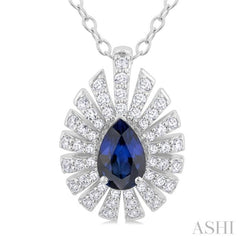 6X4 MM Pear Cut Sapphire and 1/3 Ctw Starburst Round Cut Diamond Precious Pendant With Chain in 14K White Gold