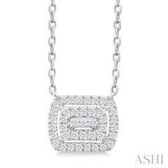 1/6 ctw Double Halo Emerald Shape Petite Round Cut Diamond Fashion Pendant With Chain in 10K White Gold