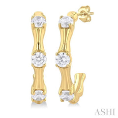1/8 Ctw Petite Bamboo Shoot Inspired Round Cut Diamond Fashion Half Hoop Earrings in 10K Yellow Gold
