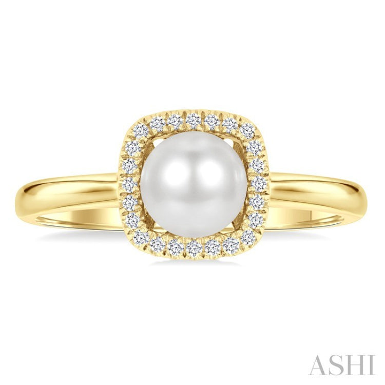 6 MM Cushion-Shaped Cultured Pearl and 1/10 Ctw Petite Round Cut Diamond Halo Ring in 10K Yellow Gold