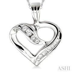 1/4 ctw Baguettes and Round Diamond Heart Pendant in 10K White Gold with Chain