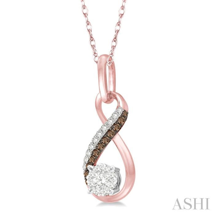 1/5 ctw Winding Brown & White Round Cut Diamond Lovebright Pendant With Link Chain in 14K Rose Gold