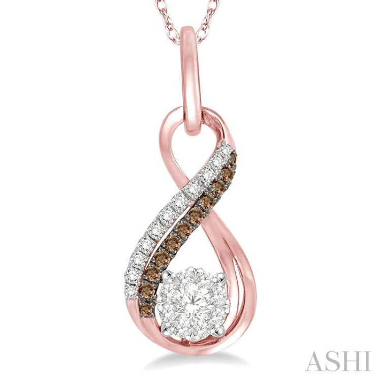 1/5 ctw Winding Brown & White Round Cut Diamond Lovebright Pendant With Link Chain in 14K Rose Gold