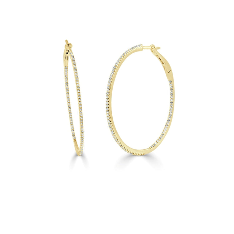 14k Gold & Diamond Skinny Hoop Earrings 1.5" - 0.57ct