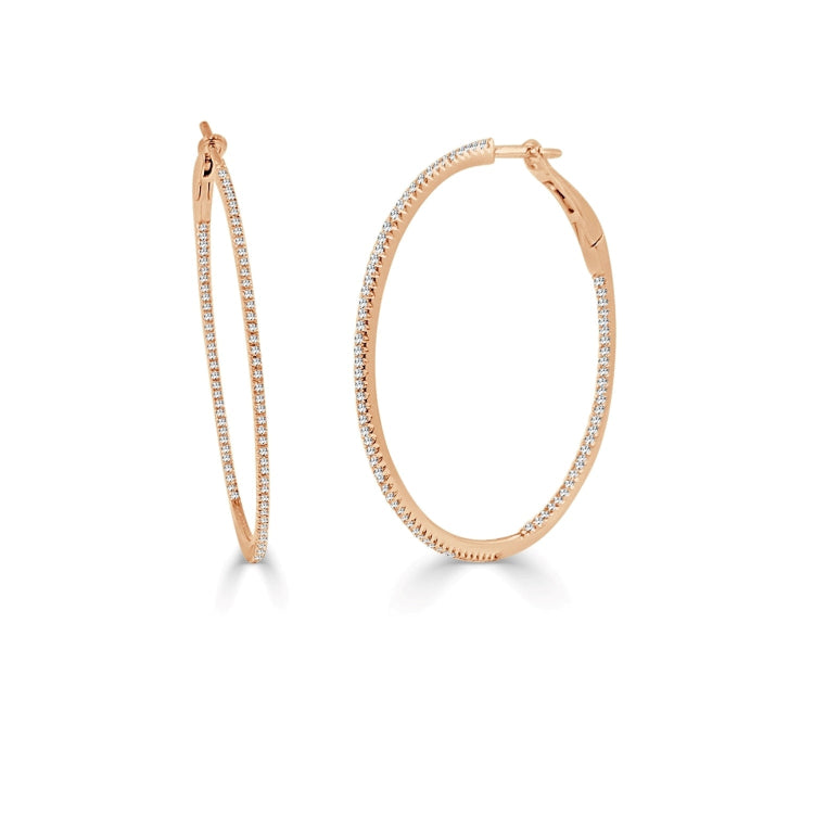 14k Gold & Diamond Skinny Hoop Earrings 1.5" - 0.57ct