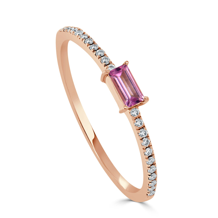 14k Gold & Pink Tourmaline Baguette Stackable Ring - 0.11ct - 0.16ct