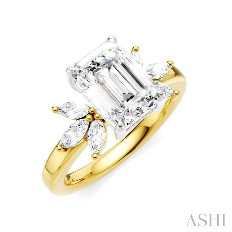 1/2 Ctw Emerald Shape Marquise and Round Cut Diamond Semi-Mount Engagement Ring in 14K Yellow and White Gold
