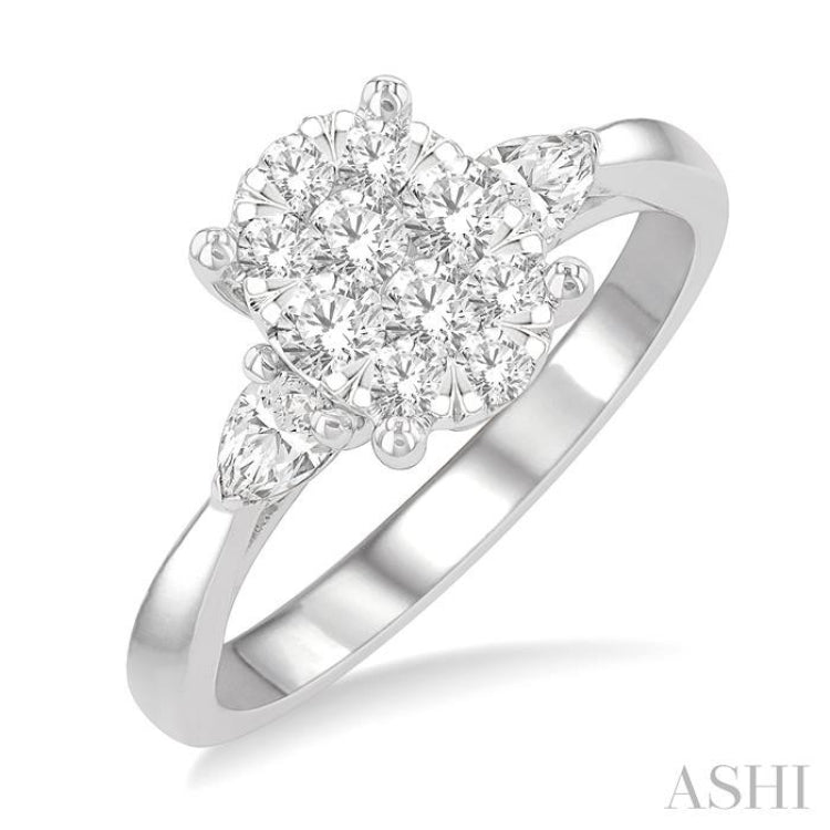 3/4 Ctw Oval Shape Lovebright Pear and Round Cut Diamond Engagement Ring in 14K White Gold