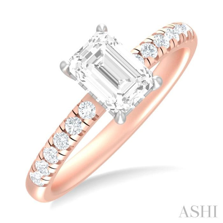 1/3 ctw Emerald Shape Round Cut Diamond Semi Mount Engagement Ring in 14K Rose and White Gold