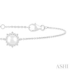 6 MM Round Shape Cultured Pearl and 1/10 ctw Petite Round Cut Diamond Halo Bracelet in 10K White Gold