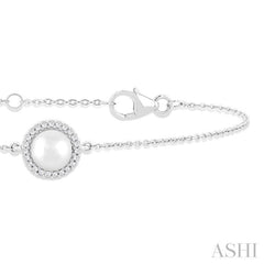 6 MM Round shape Round Shape Cultured Pearl and 1/20 ctw Round Cut Diamond Petite Halo Bracelet in 10K White Gold